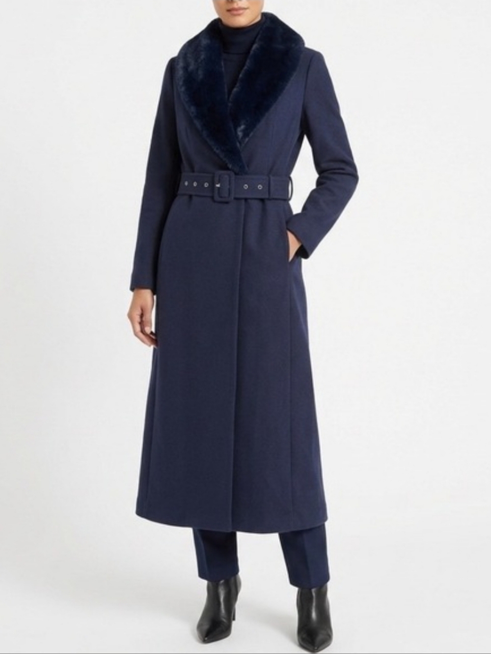 Naked Wardrobe The Statement Navy Faux Fur Collar Belted Long Coat Small NWOT